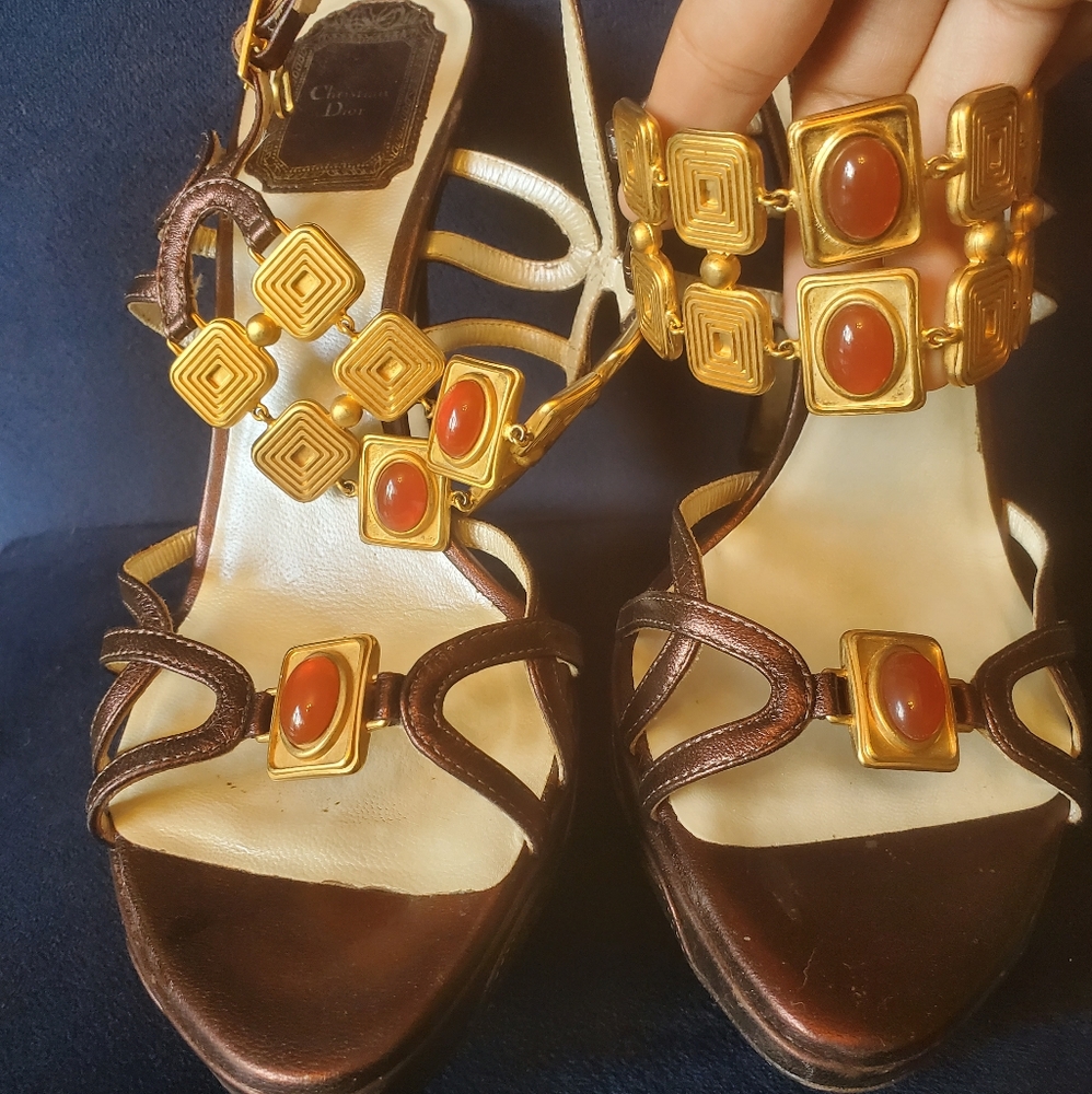Dior Metallic Dark Purple Heels with Gold Jewel Ankle Straps- size 38